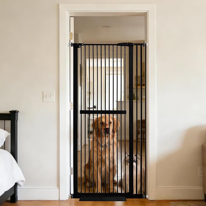 Lumizone Extra Tall Cat Gate 61.02" High Pressure Mounted Extra Wide 34.06"-38.38" (17Sizes) 1.37" Gap No Drilling Auto-Close Tall Pet Gate for Dogs (Black, 34.06"-38.38" W)