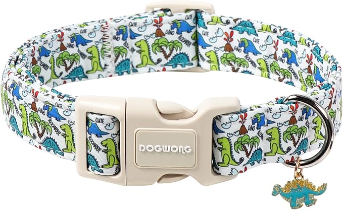 DOGWONG Dinosaur Dog Collar-Cute Green Dinosaur Dog Collar for Small Dogs, Adjustable Comfortable Cotton Boy Dog Collars for Small Medium Large Dogs,XS