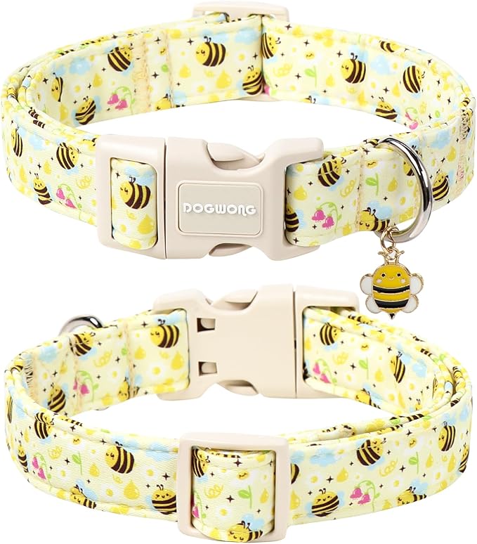 DOGWONG Spring Summer Dog Collar- Bee Flower Dog Collar, Adjustable Soft Girl Boy Dog Collar for Small Medium Dogs, S