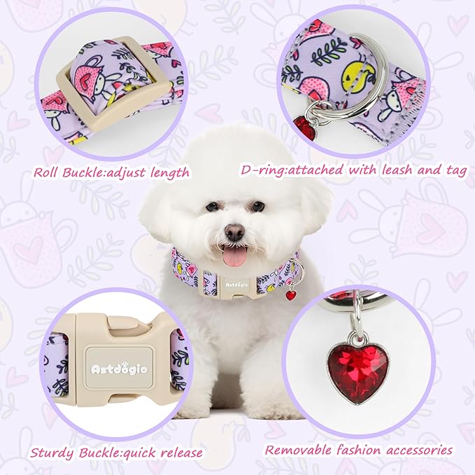 Easter Dog Collar for Small Dogs, Easter & Spring Theme Small Dog Collar with Cute Chick & Bunny Pattern, Adjustable Purple Easter Dog Collars Girl Boy Collar for Dogs -S
