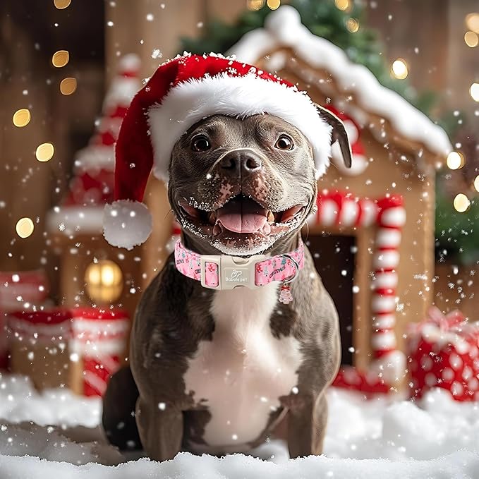 Christmas Dog Collar for Giant Large Dogs - Cute Xmas Tree Print Pink Christmas Collars for Dogs, Soft Adjustable Winter Holiday Dog Collars with Quick Release Buckle XL