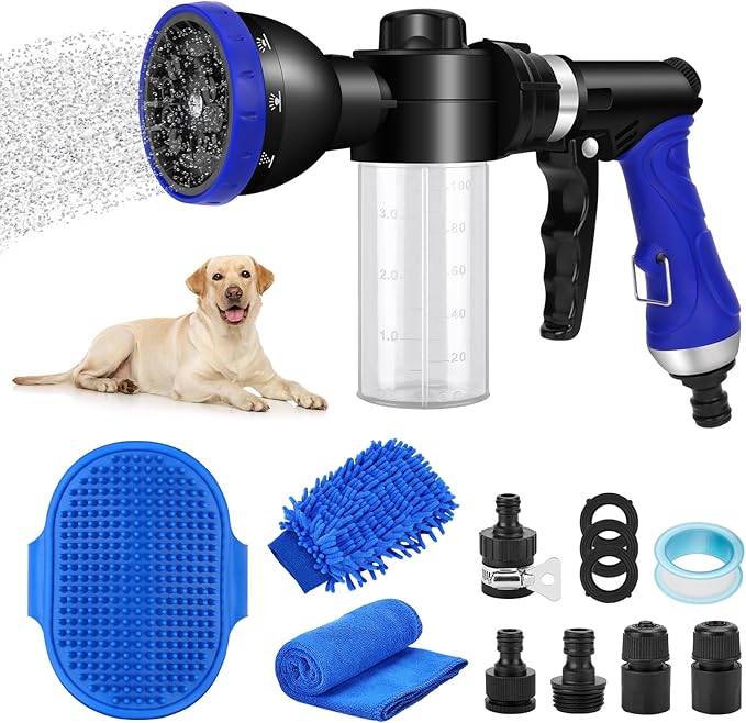 Pet Bathing Sprayer Kit,10 Spray Patterns, Adjustable Hose Wash Sprayer with 4 to 8 Bars Foam Blaster,Suitable for Pet Washing, Car Cleaning and Garden Use with 1/2” Quick Connector