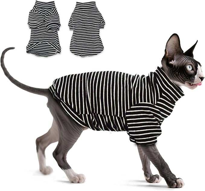 Fleece Sphynx Cat Clothes Soft Hairless Cat Clothes Pullover Cat Sweater for Chihuahua All Season Light and Warm Kitten Cloth for Cats Only Puppy Clothes Small Dog Sweater (B-Striped, M)