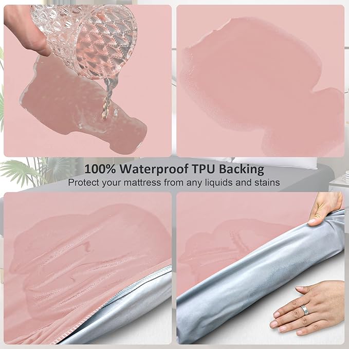 Twin Mattress Protector Waterproof, Fitted Sheet Style Breathable Mattress Cover with Deep Pocket Fits Up to 18'', Noiseless Bed Cover for Kids Adults Pets, Machine Washable (Pink, 39'' X 75'')