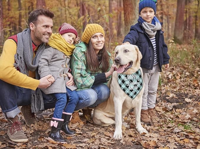 Dog Bandana for Happy Birthday Mom - Classical Plaid Printing Pet Scarf Accessories - Gift for Mom's Birthday Party (L17)