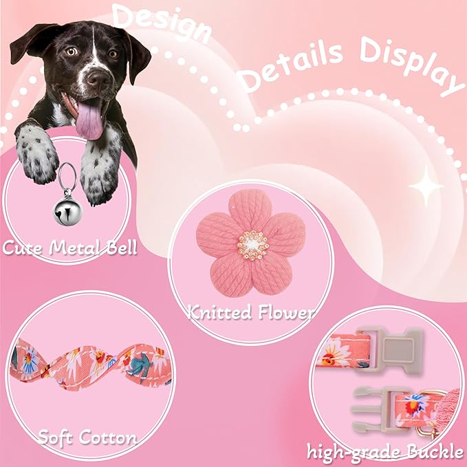 Medium Dog Collar with Flower, Dog Collars for Medium Dogs Collar for Girl Cute Dog Collar with Bell, Adjustable Length