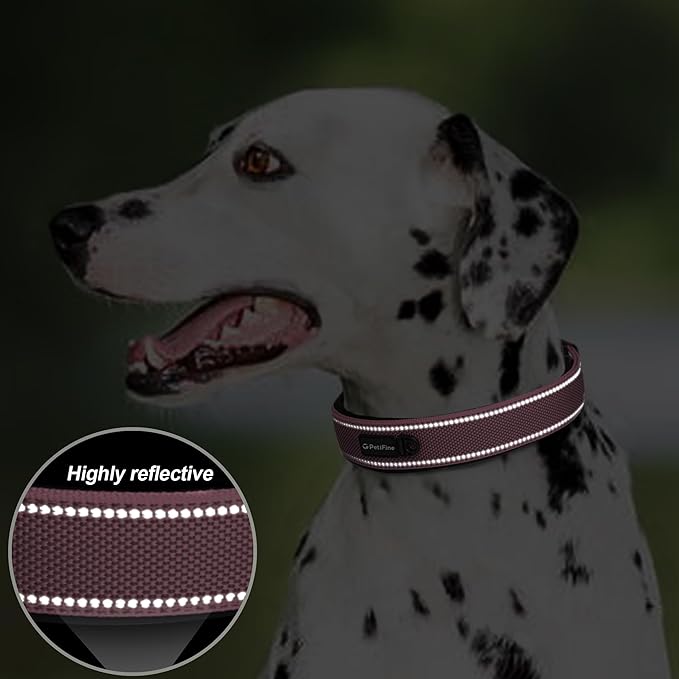 PetiFine Dog Collar for Large Dogs, Neoprene Padded and Adjustable, Reflective Wide Heavy Duty Pet Collars with Durable Metal Belt Buckle for Walking, Pink, L