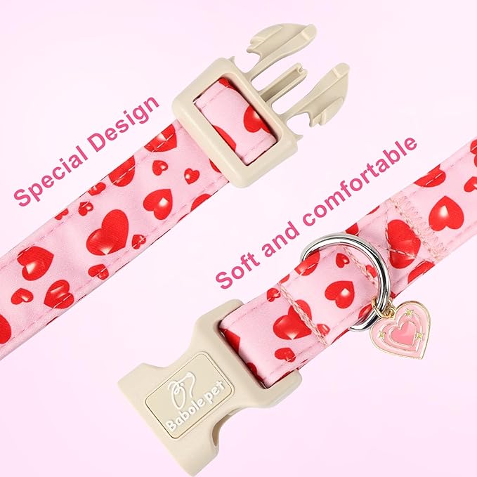 Valentines Dog Collar, Cute Pink Dog Collar with Red Heart Printed, Comfortable Girl Puppy Collar with Quick Release Plastic Buckle, X-Large