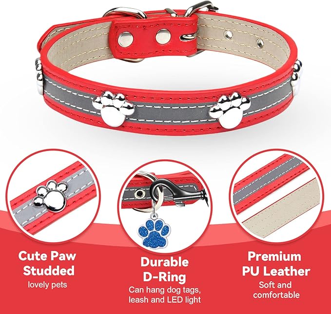 PETCARE Reflective Dog Collar with Cute Paw Rivet Studded Funny Soft PU Leather Adjustable Puppy Dog Collars for Small Medium Large Dogs Cats (Red,X-Large)
