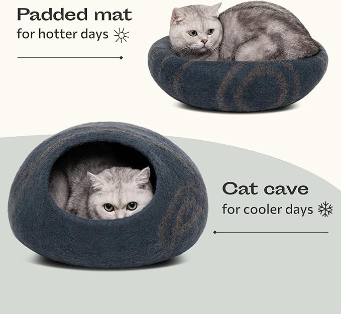 MEOWFIA Cat Cave – Premium Felt Cat Bed for Indoor Cats, Handmade Merino Wool (Slate Grey, Large)