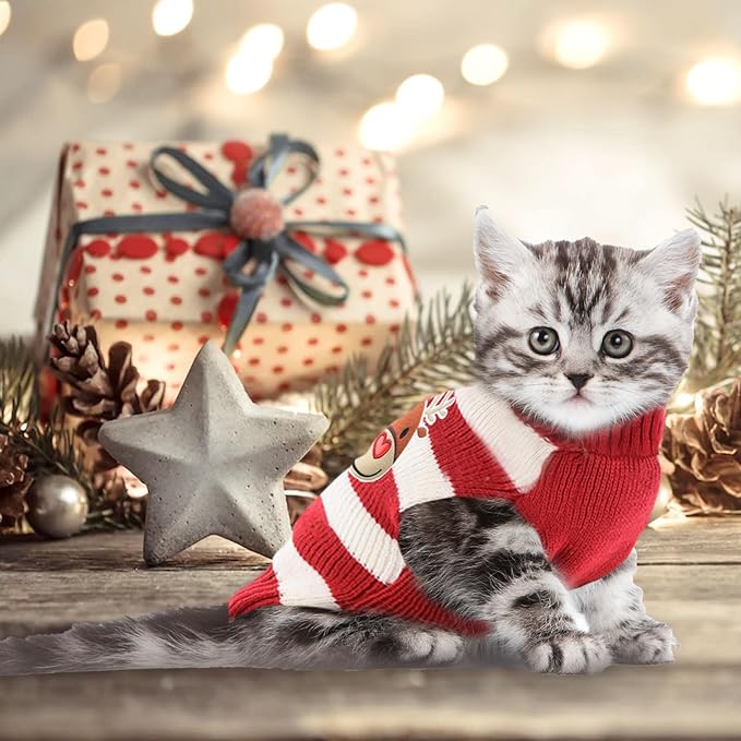 Dog Christmas Sweater Cute Striped Reindeer Xmas Pet Clothes Holiday Puppy Cat Costume New Year Gifts for Small Medium Large Dogs Jumpers (L, Red White Stripe Reindeer)