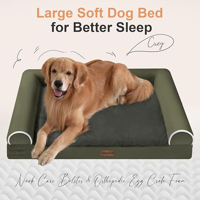 Medium Large Dog Bed Orthopedic Washable: Beds Bolster Medium Large Sized Dog Bed Egg Crate Foam Couch Sofa Waterproof with Removable Cover - Dark Green