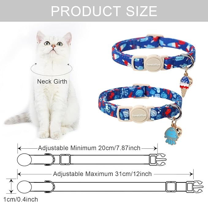 Lionet Paws 2pcs Pack Summer Cat Collars,Breakaway Kitten Blue Cat Collars,Sea Shell and Popsicle Cats Collar