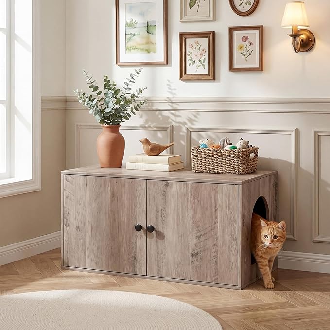 HOOBRO Cat Litter Box Enclosure, Hidden Litter Box Furniture with Side Entry, Litter Box Cabinet, Indoor Cat House, End Side Table, 31.5"L x 17.7"W x 16.3"H, for Living Room, Bathroom, Greige BG40MW01