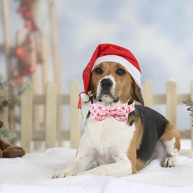 Dog Collar, Christmas Pink Santa Claus Cotton Pet Collar Bow Holiday Girl Boy Cute Puppy Collar Adjustable Pet Collar for Medium Dogs