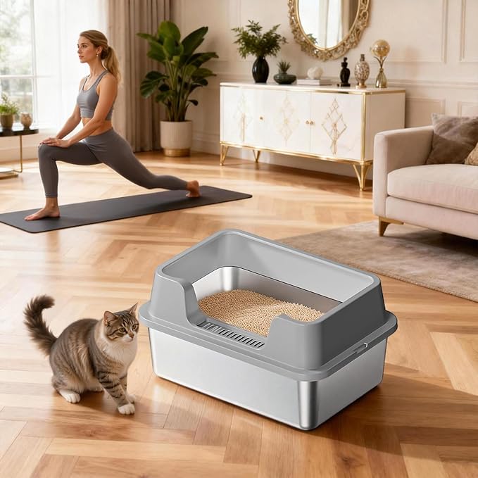 Stainless Steel Litter Box, XL Enclosed Cat Litter Boxes with Lid for Big Cats and Multi-Cats, High Sided, Anti-Urine Leakage Non-Stick Bottom Include Scoop Easy to Clean