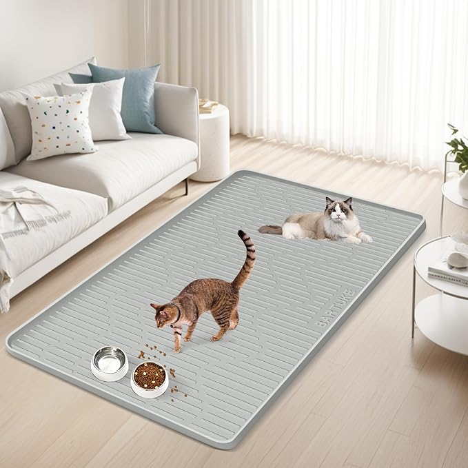 Silicone Cat & Dog Food Mat, 50" x 34" Extra Large Pet Feeding Mat for Cats and Dogs Bowl, Pet Placemat for Food and Water with Raised Edge, Waterproof, Leakproof (Grey)