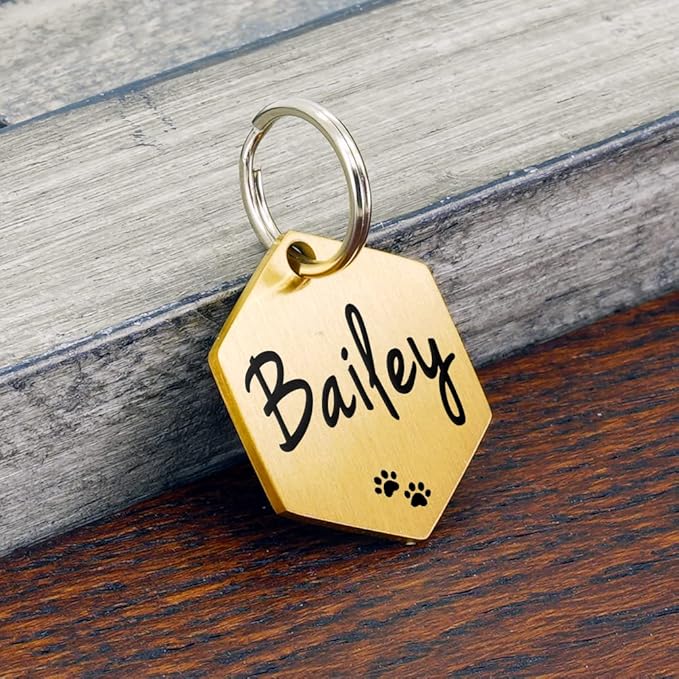 Ultra Joys Custom Personalized Hexagon Dog ID Tag - Brushed Stainless Steel, Gold, Large