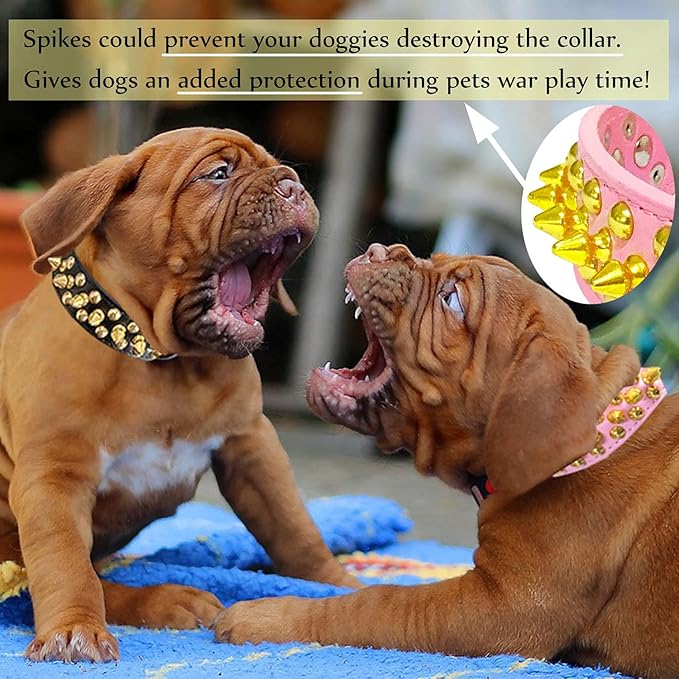 TEEMERRYCA Pink Leather Gold Spiked Studded Dog Collar for Female Puppy Small Medium Large Pets,Pit Bulls Bulldog, Keep Dog Safe from Grabbing by Huge Dogs, XS 8.3"-10.6"