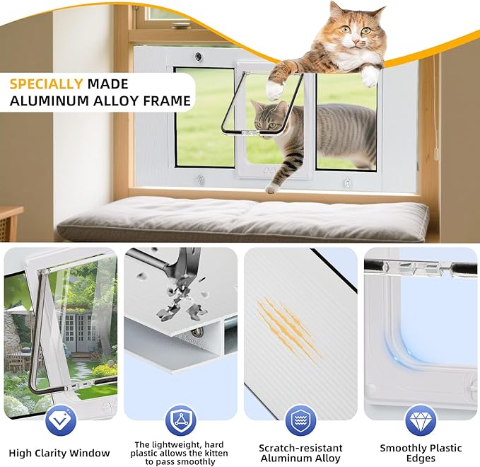 Full Size Cat Door Window Insert, fits 23'‘-28’' Various Sliding Windows, 4 Flexible Locking Modes, High-Definition, high-Transparency cat Door for Windows, Magnetic Reset Design