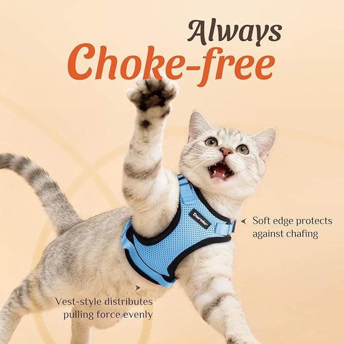 Dooradar Cat Harness and Leash Set, Escape Proof Safe Adjustable Kitten Vest Harnesses for Walking, Easy Control Soft Breathable Mesh Jacket with Reflective Strips for Cats, Light Blue, M