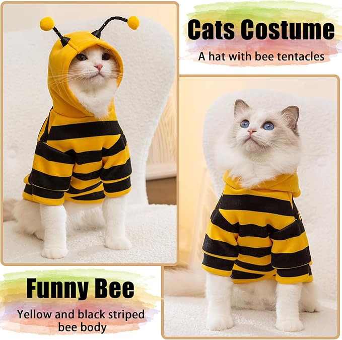 DENTRUN Sphynx Hairless Cats Costume Funny Bee Warm Winter Sweater Cute Pullover Kitten Shirts Breathable Cat Leisure Wear Turtleneck Vest Adorable Cat's Clothes Jacket Pajamas Jumpsuit, L
