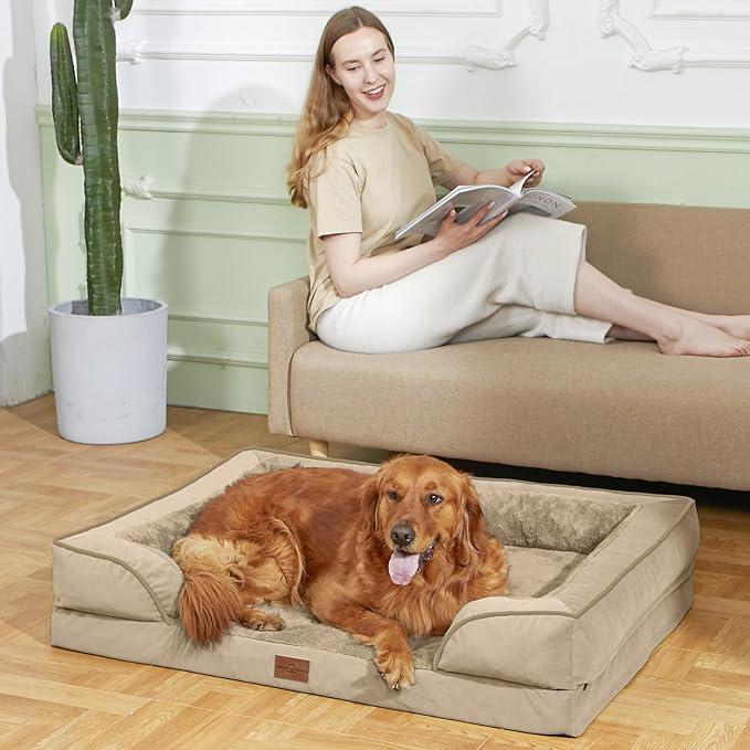 Comfort Expression Orthopedic Dog Bed for Large Dogs 36x27 Inch, Waterproof Egg Crate Foam Large Pet Bed with Removable Bolsters, Dog Couch with Washable Cover & Non-Slip Bottom, Light Brown