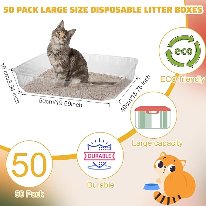 Zubebe 50 Pack Disposable Cat Litter Box for Cats, Large Disposable Kitty Litter Tray Boxes 19.69 x 15.75 x 3.94 Inches Plastic Pets Pan Standard for Indoor Home Travel Portable(Clear)