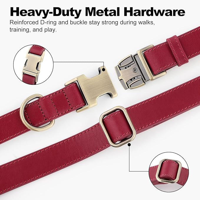 Plutus Pet Genuine Leather Dog Collar – Adjustable Pet Collar with Quick Release Metal Buckle, Soft Real Leather for Small Medium Large Dogs, Heavy Duty & Skin-Friendly (Burgundy, L)