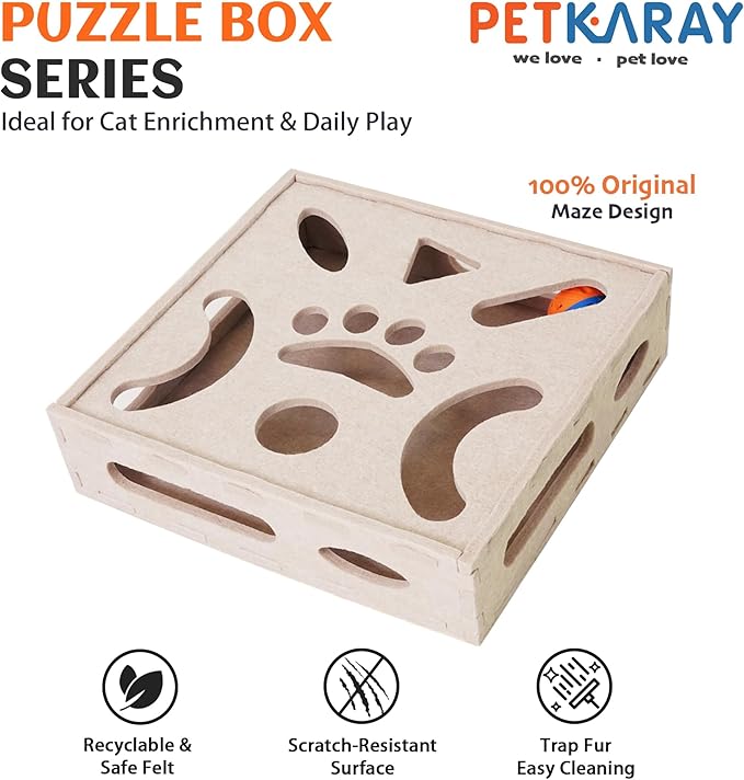 PETKARAY Felt Cat Puzzle Toy, Interactive Cat Toys for Indoor Cats, Interactive Maze for Kitten Felt Puzzle Box with Ball, Beige