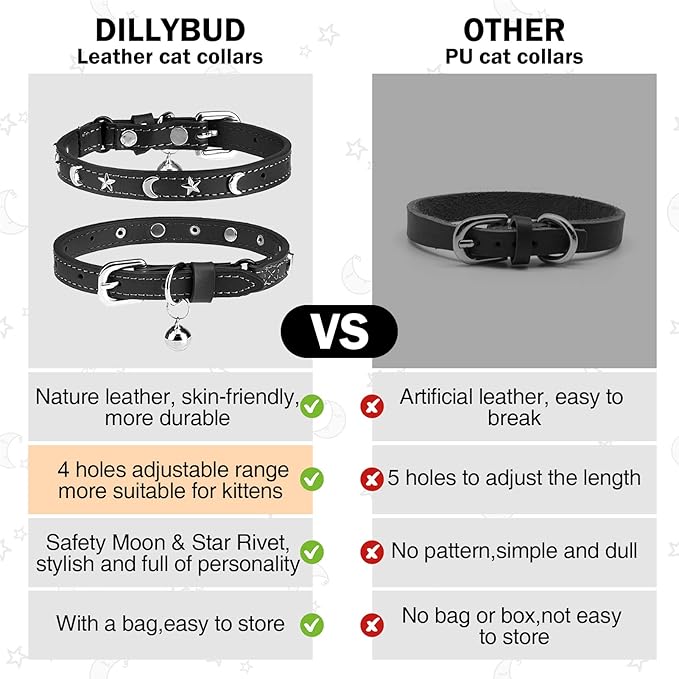 Leather Cat Collars for Boy Girl Cats with Bell and Safety Elastic Belt, Personalized Star and Moon Stud Adjustable Safe Buckle Collar for Kitty Small Big Cats Size 8-12 Inch, Black