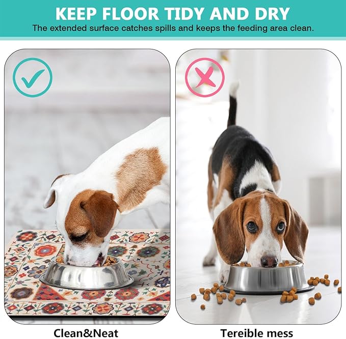 Moroccan Trellis Dog Food & Water Mat, Boho Colorful Vintage Pet Feeding Mat for Floor Non-Slip Waterproof, Super Absorbent Cat Bowl Mat, Easy to Clean Durable Pet Placemat,17" × 30"