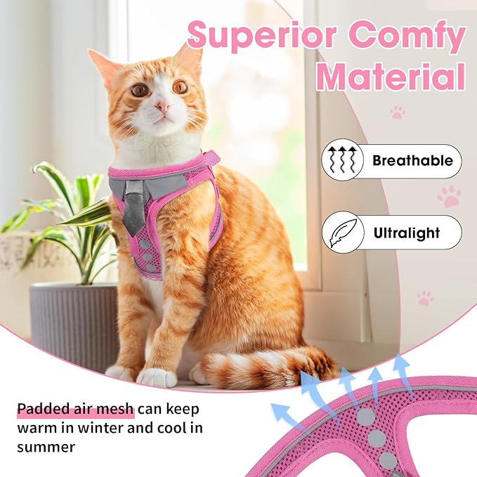 Cat Harness and Leash Set for Walking Escape Proof, Soft Adjustable Kitten Harness Breathable Mesh with Reflective Strips Harness for Kitty Puppy Bunny(Pink,S)
