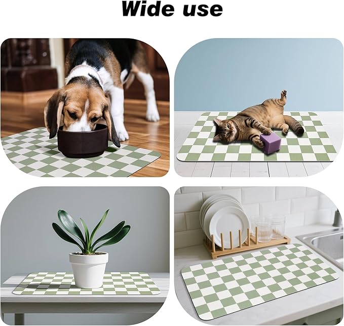 Checkered Dog Food Mat, Absorbent Leak-Proof Pet Feeding Mat, Quick Dry Cat Food Mat for Messy Drinkers 17" x 32" Green