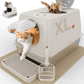 Stainless Steel Litter Box with Lid, XL Extra Large Litter Box, Enclosed Top Entry Metal Litterbox for Big Cats, Easy Cleaning, Anti-Leakage & High Sided with Mat, Aisle & Scoop, Beige