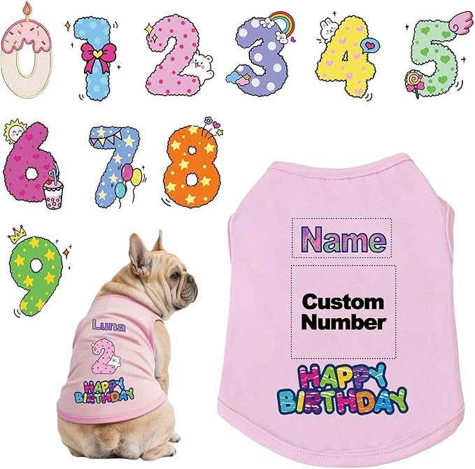 Custom Dog Birthday Shirt,Personalized Pet Apparel Print with Name Age Number,Pet Birthday Outfit,Lightweight Breathable Cotton Vest for Small Medium Large Dogs Cat (Pink, 3X-Large)