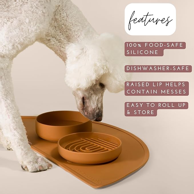 Should We Go - Waterproof Silicone Pet Food Mat - Non-Slip, Spill-Proof Feeding Mat for Floors, Raised Edge Design, Easy-to-Clean, Rubber Pad for Dog & Cat Bowls, 28" Across x 14" Deep, Large-Sage