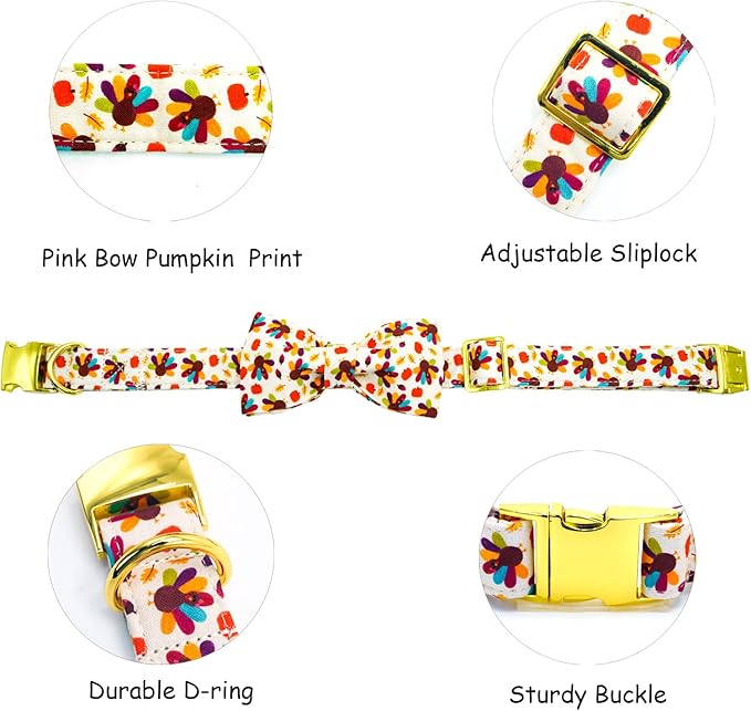 Thanksgiving Dog Collar, Turkey Dogs Collars Bow Tie Pet Collar Adjustable Pet Collars Premium Metal Buckle Autumn Leaf Necklace for Samll Dogs