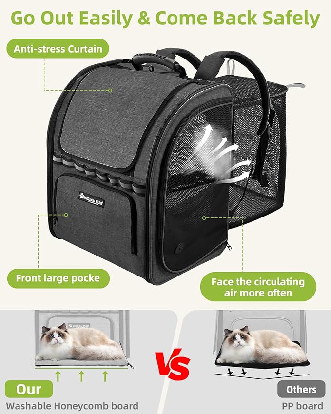 Expandable Cat Carrier Backpacks with Breathable Mesh, Pet Carrier Backpack for Cats Small Dogs Puppies Up to 20 Lbs, Dog Carrier Backpack Great for Travel/Hiking/Camping/Outdoor-Grey with Green