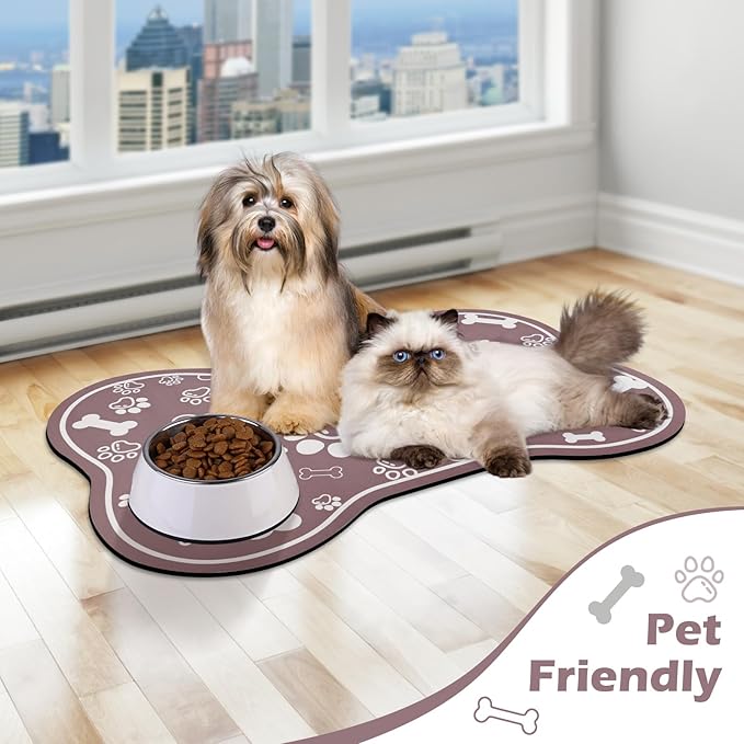 Dog Cat Mat for Food and Water,Rapid Absorbent Pet Feeding Mat, Bone Shaped Dog Placemat Bowl Mat with Rubber Backing,No Stains Pet Food Mats Indoor, Pet Accessories Supplies,Brown 16"×24"