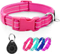 azuza Reflective Dog Collar with Airtag Holder, Soft Neoprene Padded Pet Collar with ID Tag Ring, Adjustable for Large Dogs,Hot Pink,L