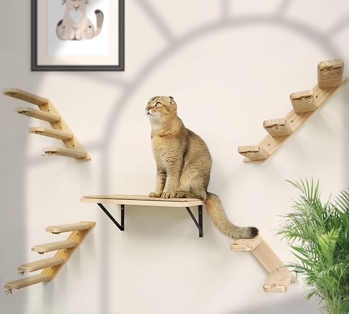 2PCS Cat Wall Shelves with Scratching Mat, 16.6x9.7 Inch Cats Wall Furniture, Solid Pine Wood Kitten Wall Mounted Floating Shelf, Window Perch Hammock for Pets Sleeping, Playing, Climbing