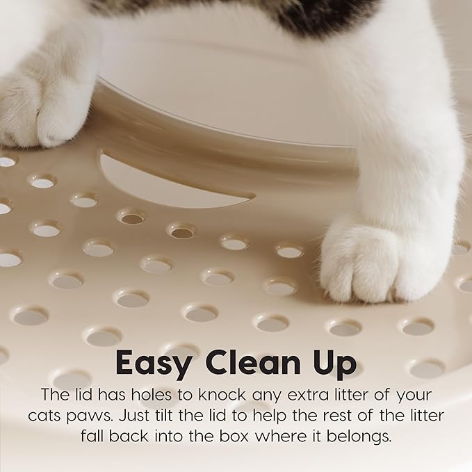IRIS USA Top Entry Cat Litter Box, Large Enclosed with Litter Catching Lid and Scoop, Dog Proof, Cat Litter Box, White/Beige