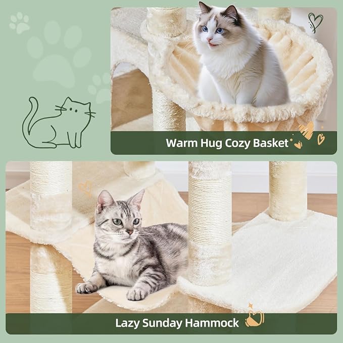Taoqimiao 71 Inches Cat Tree for Large Cats 20lbs+, 3 Giant Perches, Multi-Level Cat Tree Tower, Widened Cat Condo with 9 Scratching Posts, Luxurious Hammcock & Basket, Beige, MS034M