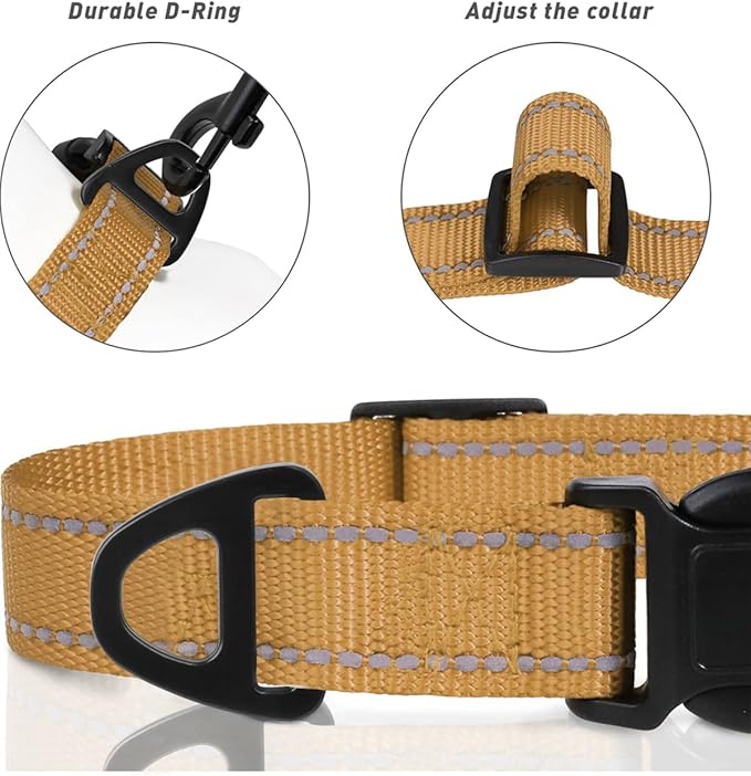 TagME Reflective Nylon Dog Collars, Adjustable Classic Collar with Quick Release Buckle for Medium Dogs, Khaki, 1.0" Width