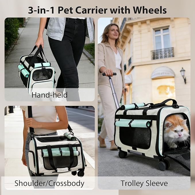 Expandable Pet Carrier with Wheels for Small Dogs and Cats,Airline Approved Rolling Cat Carrier with Removable Platform,18”X11”X14”,Foldable Soft-Sided Travel Bag Fits Under Seat,Up to 16 lbs(Yellow)