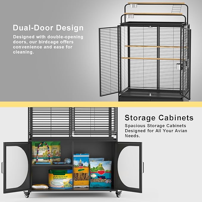 GDLF 72-Inch Bird Cage with Play Top, Parakeet Cage with Rolling Storage Cabinet Extra Large with Cover for Parrot, Cockatiel, Budgie, Parrotlet, Green Cheek Conure