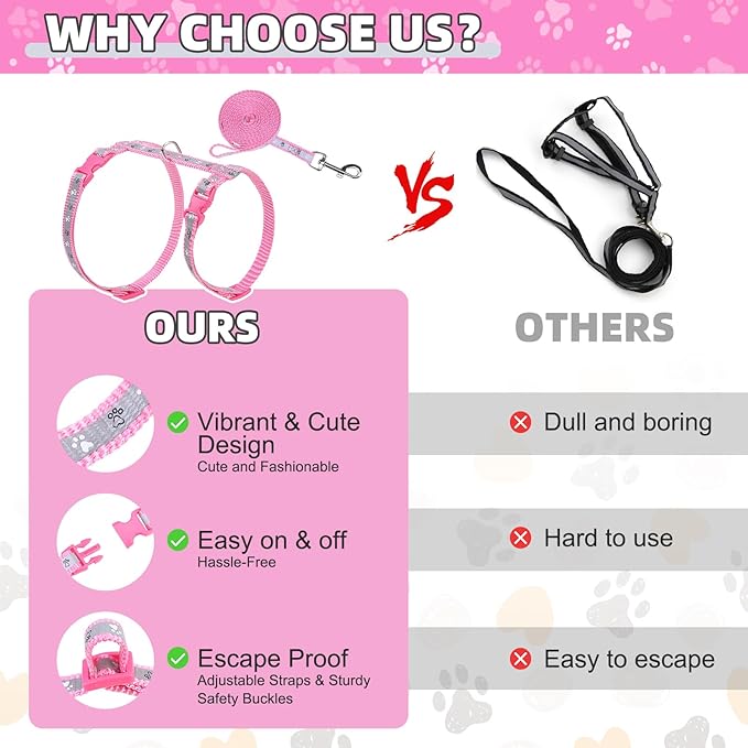 KOOLTAIL Cat Harness and Leash Set, Escape Proof Adjustable Kitten Harness for Walking Travel, Safe & Easy Control Outdoor, Lightweight Soft Pet Harness for Small Medium Large Cats, Pink