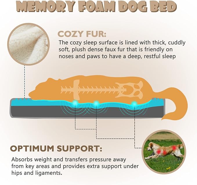 Memory Foam Large Dog Bed, Cooling Dog Beds for Large Dogs, Washable Orthopedic Pet Bed for Crate with Joint Relief Memory Foam, Waterproof Liner and Plush Cover (35"x 22", Beige)