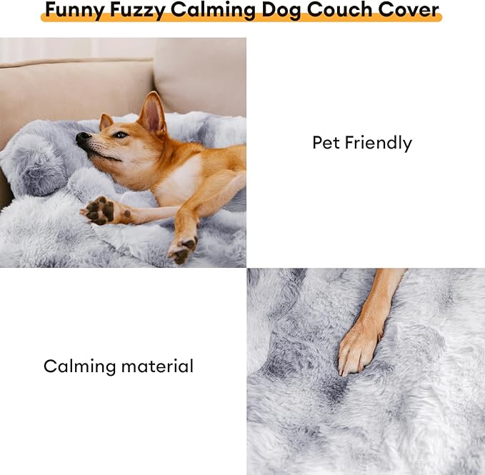 FUNNY FUZZY Pet Fluffy Plush Calming Dog Couch Bed Sofa Protector Washable Pets Mat for Large Medium Small Dogs and Cats (Tie-dye Grey, 47"×33.5"×6")